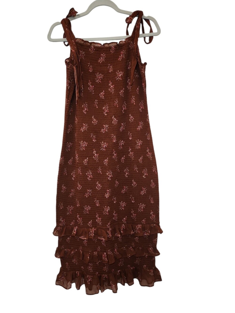 Abercrombie&Fitch Tie-Strap Smocked Mid Dress Chocolate brown floral print Sz XL